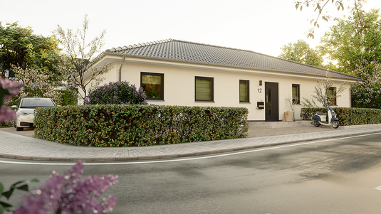 Der Bungalow 131 besticht durch seinen modernen Stil und eine praktische Hauseingangsnische. In der Grundrissvariante 2 überzeugt er zusätzlich mit einer geräumigen Garderobe, einer direkt an der Küche angrenzenden Speisekammer und zwei großzügigen Schlafräumen.