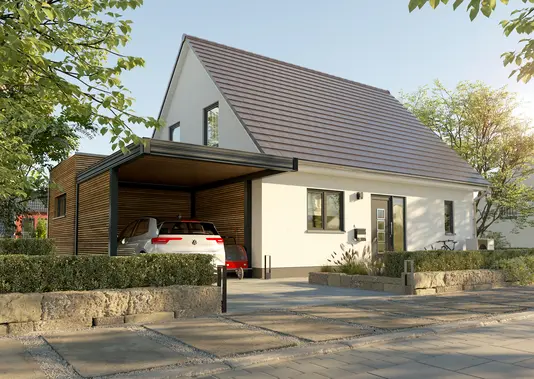Flair 125 mit Sicht von der Straße auf das Einfamilienhaus mit Carport und Kubus