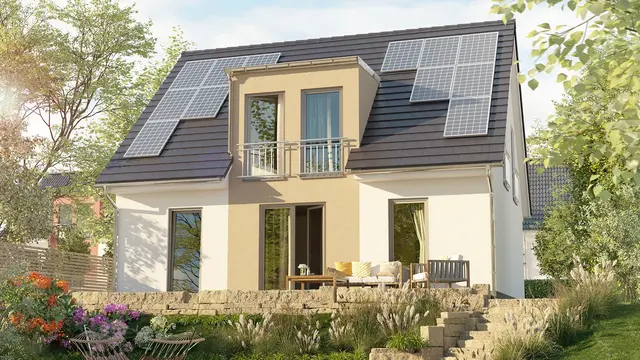 Das Einfamilienhaus Flair 125 mit Garten, Treppen und Blick auf Terrasse