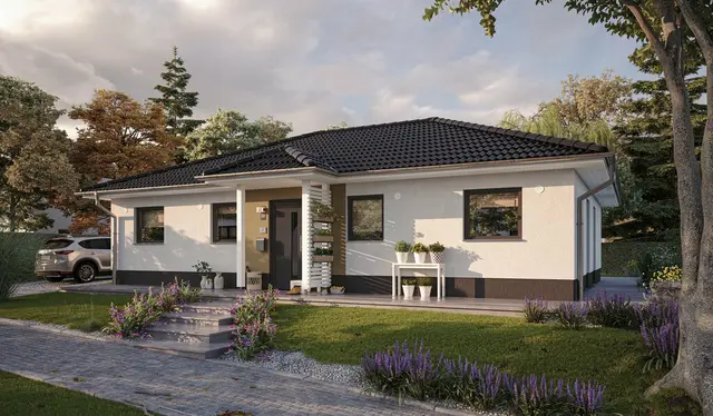 Der Bungalow 110 mit Sicht von der Straße und Vordach