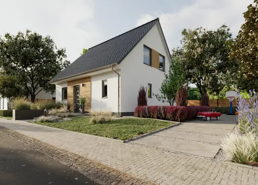 Das Einfamilienhaus Flair 110 mit Sicht von der Straße auf den Eingangsbereich