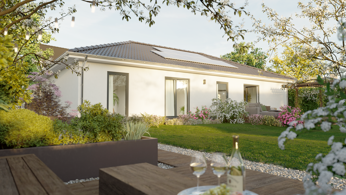 Gartenansicht des Massivhauses Era 131 von Town & Country Haus mit großzügiger Terrasse, bodentiefen Fenstern und moderner Architektur – ein Aktionshaus mit ca. 131 m² Wohnfläche für stilvolles Familienleben.